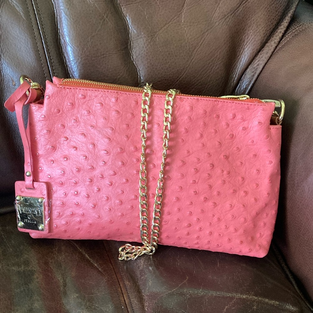 Valentina Coral/Pink Leather Chain Bag Ostrich Embossed